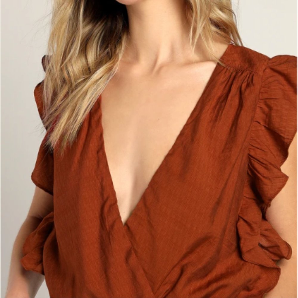Smile Awhile Rust Red Ruffled Surplice Bodysuit - Picture 6 of 9